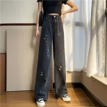 欧洲站2023春秋新款泼墨爱心牛仔裤女复古ins高腰宽松直筒阔腿裤