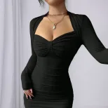 Black Long Sleeve Bodycon Ruched Dress Stretch Fabric Versatile Style Perfect for Spring and Sum