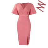 Fashionable V Neck Puff Sleeve Bodycon Dress Solid Color Waist Defined Side Slit Perfect for Par