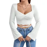 Elegant Long Sleeve Blouse Flared Sleeve Waist Tie V Neck Perfect for Dates and Casual Outings W