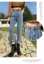 跨境哈伦牛仔裤女2023春装新款学生高腰宽松显瘦百搭萝卜老爹裤潮