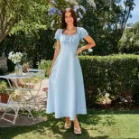 Womens Elegant Solid Color Midi Dress Square Neck Tie Waist A Line Silhouette Summer Casual Wear