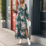 Womens Long Sleeve V Neck Floral Dress Autumn Style European and American Fashion Wholesale Avai