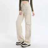 High Waisted Straight Leg Work Pants Loose Fit Wide Leg Large Pockets Casual Denim Trousers for