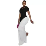Black and White Color Block Bodycon Dress Hollow Out Design Short Sleeve Versatile Style Perfect