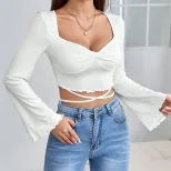 Elegant Long Sleeve Blouse Flared Sleeve Waist Tie V Neck Perfect for Dates and Casual Outings W