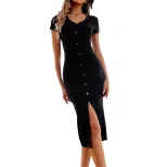 Black Bodycon Midi Dress Elegant Split Design Comfortable Fabric Versatile for Work or Casual We