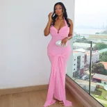 Solid Color Womens Bodycon Midi Dress Backless Halter Neck Ruched Design Elegant Evening Wear OE