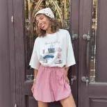Womens Summer Loose Fit Cotton T Shirt Hand Painted Floral Print Casual Round Neck Short Sleeve
