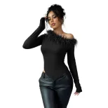 Feather Trimmed Asymmetrical Hem Long Sleeve Top Unique Design Slim Fit Spring Summer Style Whol
