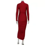 Vintage Red High Neck Long Sleeve Bodycon Maxi Dress for Women Elegant Fit Autumn Winter Style W