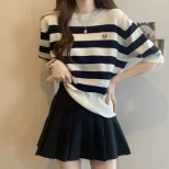 Plus Size Womens Loose Fit Short Sleeve Knit Top Striped Pattern Summer Casual Wear