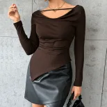 Irregular Hem Long Sleeve Top Small V Neck Waist Cinching Design Elegant Style Perfect for Casua