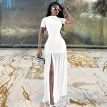 Elegant Womens Midi Dress Round Neck Short Sleeve Bodycon Fit Pleated Color Block Casual or Even