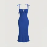 Bodycon Mermaid Maxi Dress Adjustable Drawstring Spaghetti Straps Elegant Fit Perfect for Vacati