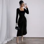 Black Velvet Long Dress Square Neck Side Waist Pleats Slim Fit Spring Summer Elegant for Dates a