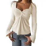 Womens Elegant Casual V Neck Long Sleeve T Shirt Solid Color Ruffle Hem Spring Summer Style Whol