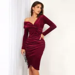 Velvet Midi Dress for Women Wine Red V Neck One Shoulder Design Elegant Evening Gown for Spring