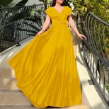 Plus Size Womens V Neck Solid Color Ruffled Hem Long Dress Elegant Pleated Design Perfect for Fo