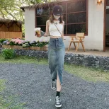 百搭复古开叉牛仔裙慵懒休闲感中长款高腰显瘦直筒半身裙女小个子