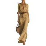 Elegant Womens Autumn Dress Solid Color Irregular Pleats Waist Belt Perfect for Casual or Formal