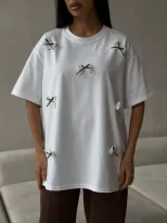 Womens Short Sleeve T Shirt Sweet Bow Design Loose Fit Round Neck Cotton Fabric Spring Summer Ca