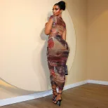 Casual Color Block Printed Dress Set for Women Short Sleeve Round Neck Bodycon Fit Trendy Summer