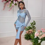 Womens Fashionable Lace Trimmed Bodycon Dress Round Neck Long Sleeve Spring Summer Style Wholesa