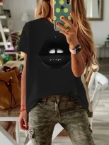 Plus Size Womens Black Short Sleeve T Shirt Lips Print Round Neck Fitted Style Casual Wear Whole