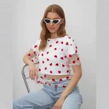 Color Block Heart Mesh Panel T Shirt for Women Short Sleeve Y2K Style Cotton Fabric Summer Casua