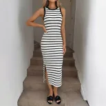 Sleeveless Knitted Bodycon Dress Striped Minimalist Design Side Slit Summer Casual Wear Wholesal