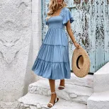 Summer Casual Midi Dress Off Shoulder Ruffle Sleeves Solid Color Vacation Wear Wholesale Availab