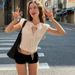 French Style Womens V Neck Short Sleeve Top Sweet Slim Fit Casual Spring Collection Wholesale Av