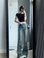 2023春秋美式复古微喇牛仔裤女高腰设计感小众百搭显瘦拖地长裤潮