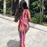 Sleeveless High Neck Bodycon Dress Fashionable Floral Print Mid Length Slim Fit Summer Casual We