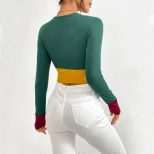 Womens Color Block Long Sleeve T Shirt Slim Fit Round Neck Stylish Design Autumn Winter Fashion
