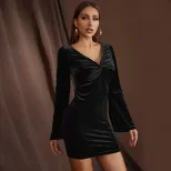 V Neck Velvet Dress Long Sleeve Knot Detail Flared Cuffs Elegant for Spring Summer Occasions Who