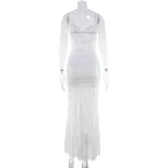 Lace Backless Maxi Dress Solid Color Sexy Spaghetti Straps High Slit Elegant Gown Perfect for Ev