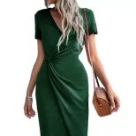 V Neck Knotted Waist Midi Dress Elegant Solid Color Split Design Comfortable Knit Fabric Perfect