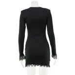 French Style Womens Lace V Neck Bodycon Dress Long Sleeve Solid Color Slim Fit Perfect for Autum