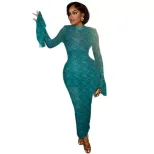 Retro Color Block Bodycon Dress for Women Long Sleeve Round Neck Semi Sheer Casual Chic Style Wh