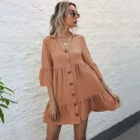 Loose Fit Solid Color Doll Dress Short Sleeve Lapel Design Casual Style Perfect for Spring and S