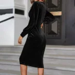 Elegant Black Velvet Dress V Neck Long Sleeve Bodycon Fit Spring Summer Fashion for Women Wholes