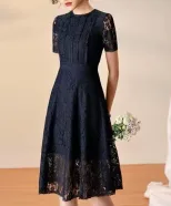 Lace Hollow Out Midi Dress for Women Round Neck Short Sleeve Summer Casual Wear
