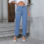 Womens Embroidered Straight Leg Jeans Casual Style Fashionable Design Comfortable Fit Perfect fo