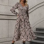 Vintage Inspired Long Sleeve V Neck Dress Abstract Print Casual Vacation Ready Wholesale Availab