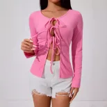 Womens Sexy Tie Front Cardigan T Shirt Elegant Design Spring Summer Style Vivid Fuchsia Color Wh