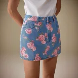 Floral Print Denim Mini Skirt Casual Style Versatile Design Fashionable Rose Pattern Perfect for