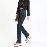 跨境直筒牛仔裤女2023春秋新款韩版高腰宽松休闲显瘦弹力烟管长裤