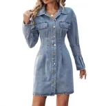 Retro Slim Fit Denim Dress for Women Blue Short Sleeve Casual Wear customizable fast shipping